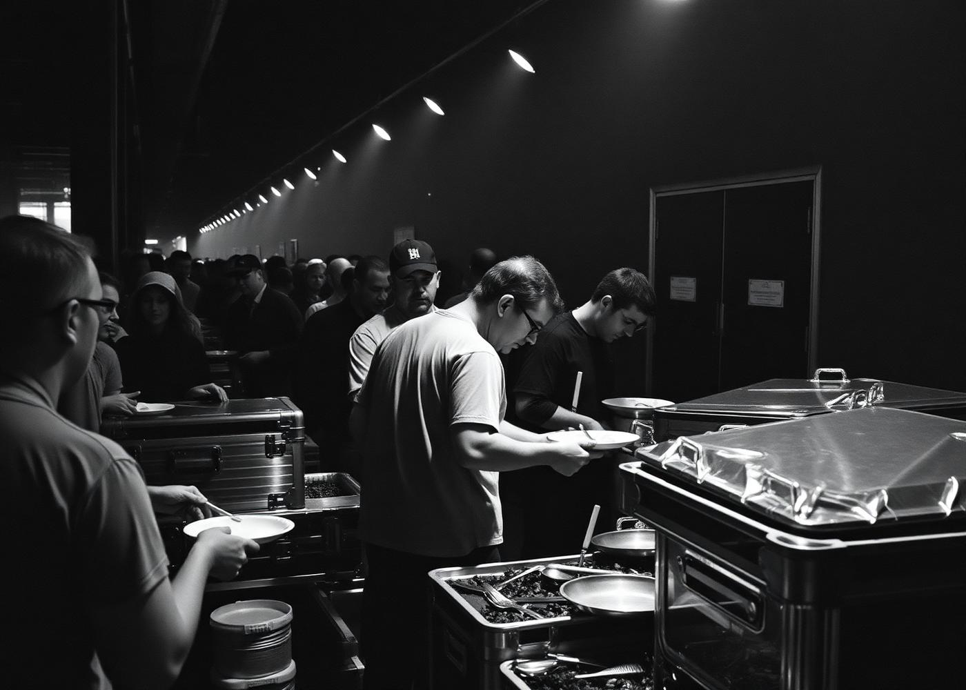 Crew lining up for hot food at a backstage tour catering setup